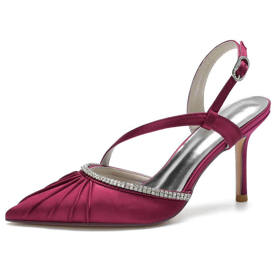 Damen Abendschuhe mit Knöchelriemen, Seidensatin, Strass, geschlossene Zehenpartie, Stilettoabsatz