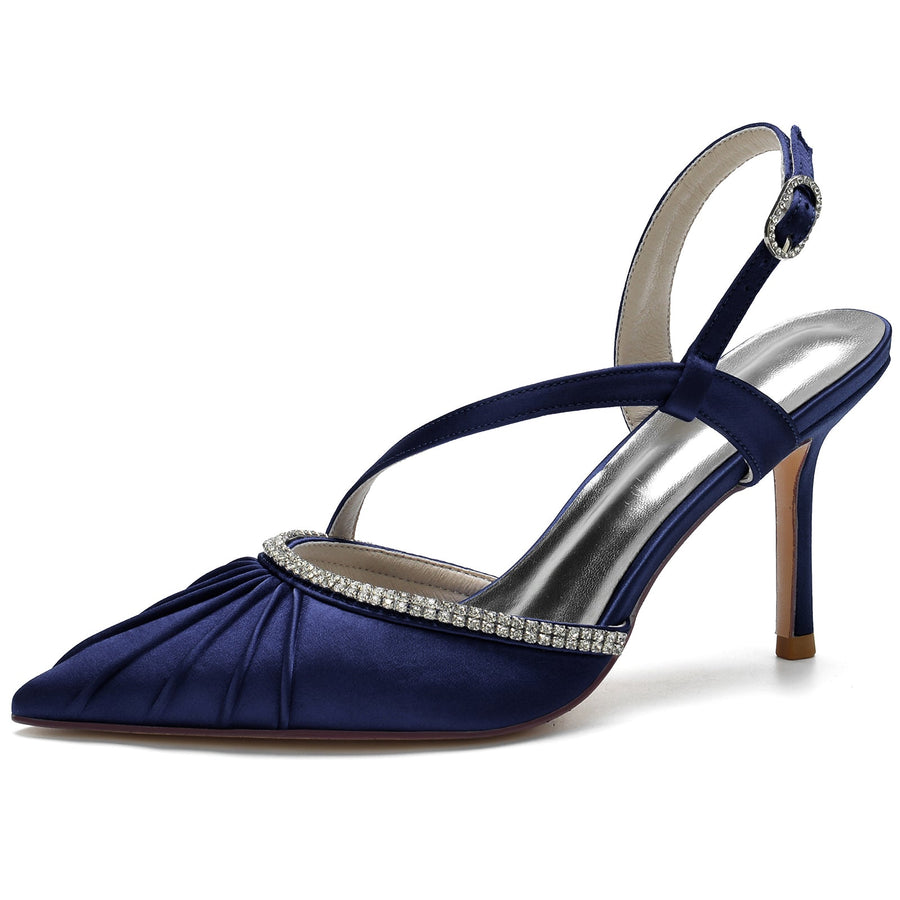 Damen Abendschuhe mit Knöchelriemen, Seidensatin, Strass, geschlossene Zehenpartie, Stilettoabsatz