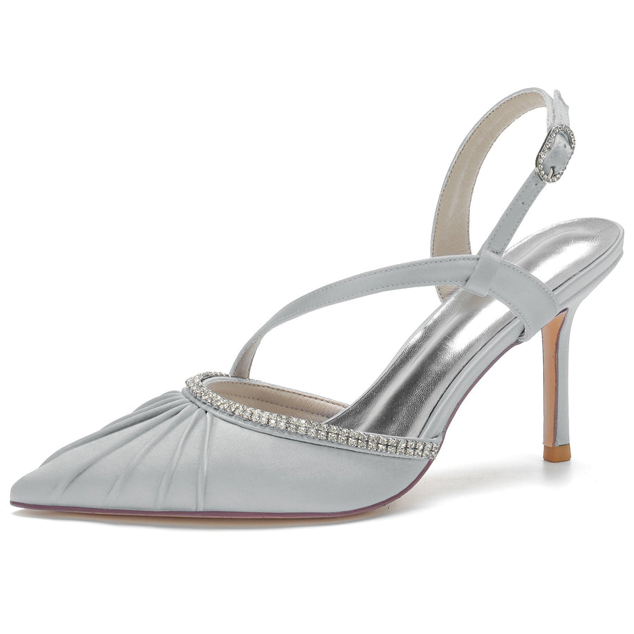 Damen Abendschuhe mit Knöchelriemen, Seidensatin, Strass, geschlossene Zehenpartie, Stilettoabsatz