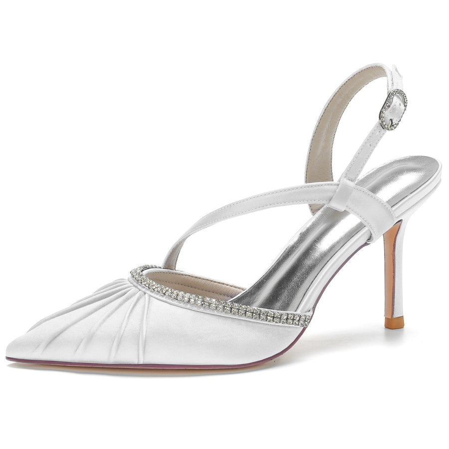 Damen Abendschuhe mit Knöchelriemen, Seidensatin, Strass, geschlossene Zehenpartie, Stilettoabsatz