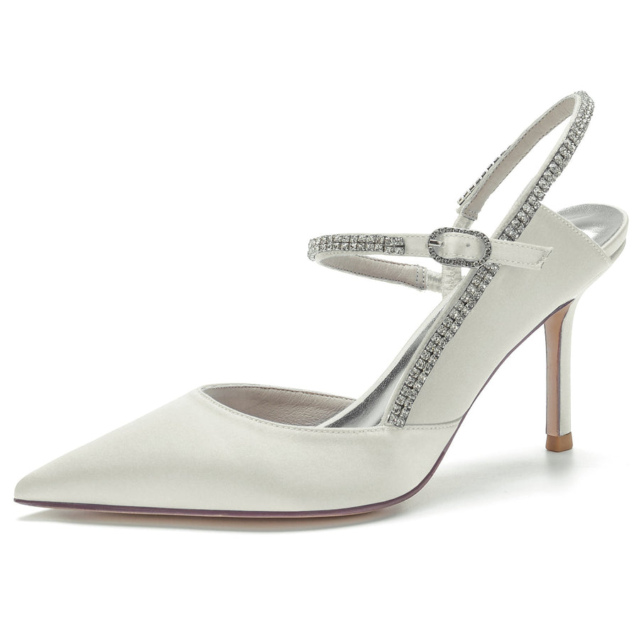 Damen Knöchelriemen Strass Geschlossene Zehen Seidensatin Mit Stilettoabsatz Hochzeitsschuhe