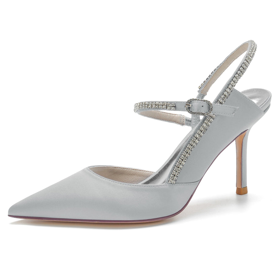Damen Knöchelriemen Strass Geschlossene Zehen Seidensatin Mit Stilettoabsatz Hochzeitsschuhe