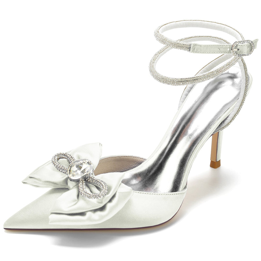 Damen Seidensatin Knöchelriemen Geschlossene Zehen Schleife Stilettoabsatz Hochzeitsschuhe