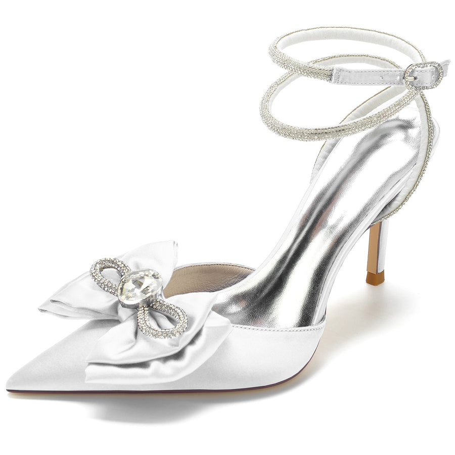 Damen Seidensatin Knöchelriemen Geschlossene Zehen Schleife Stilettoabsatz Hochzeitsschuhe