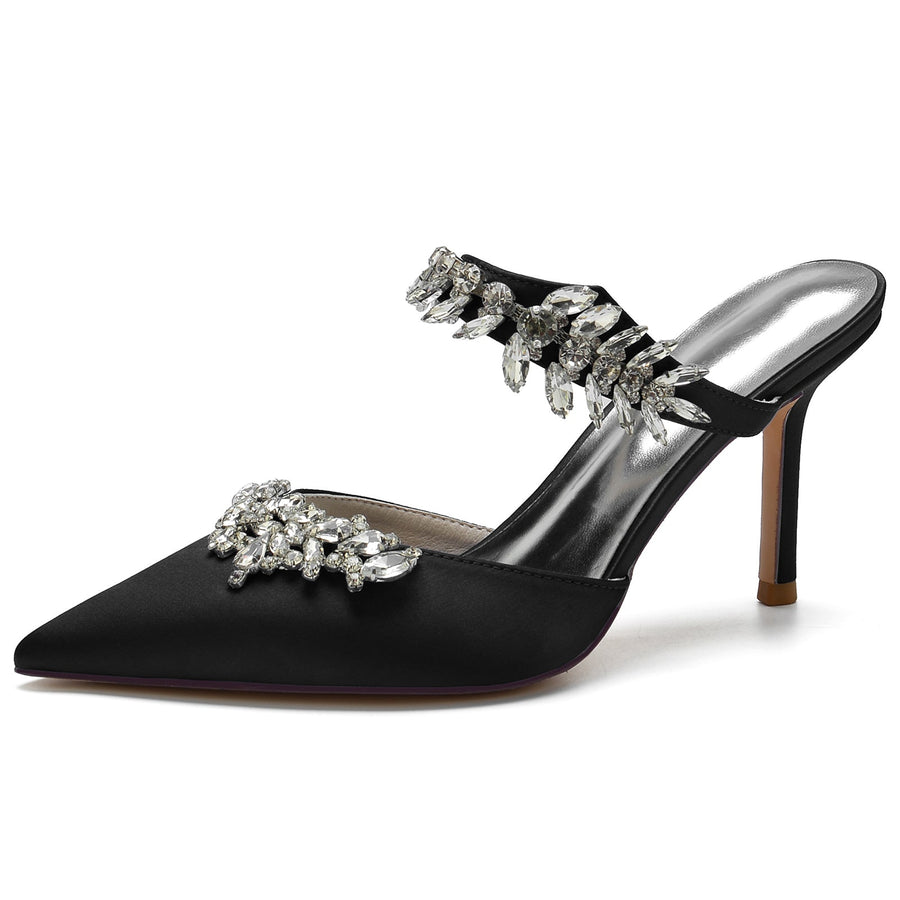 Damen Seidensatin mit Knöchelriemen Strass Quaste Geschlossene Zehen Stiletto Absatz Brautschuhe