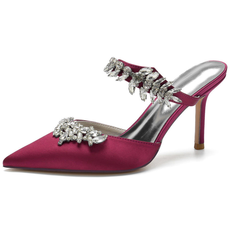 Damen Seidensatin mit Knöchelriemen Strass Quaste Geschlossene Zehen Stiletto Absatz Brautschuhe