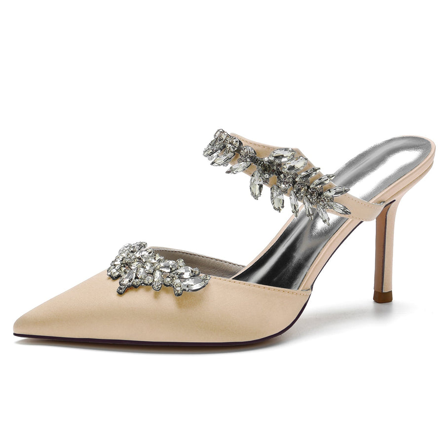 Damen Seidensatin mit Knöchelriemen Strass Quaste Geschlossene Zehen Stiletto Absatz Brautschuhe