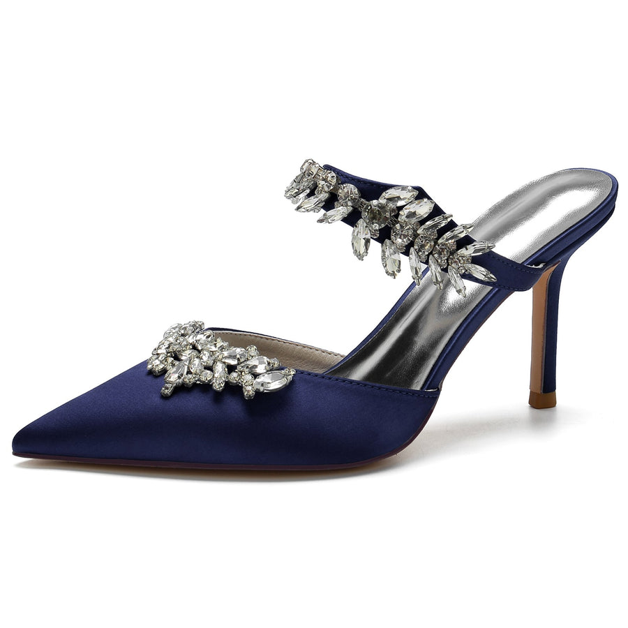 Damen Seidensatin mit Knöchelriemen Strass Quaste Geschlossene Zehen Stiletto Absatz Brautschuhe