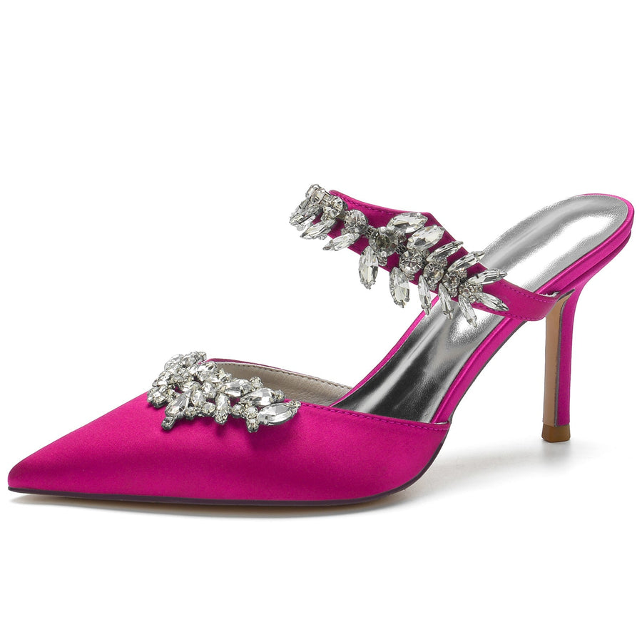 Damen Seidensatin mit Knöchelriemen Strass Quaste Geschlossene Zehen Stiletto Absatz Brautschuhe