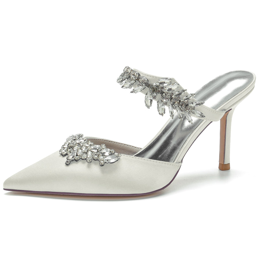 Damen Seidensatin mit Knöchelriemen Strass Quaste Geschlossene Zehen Stiletto Absatz Brautschuhe