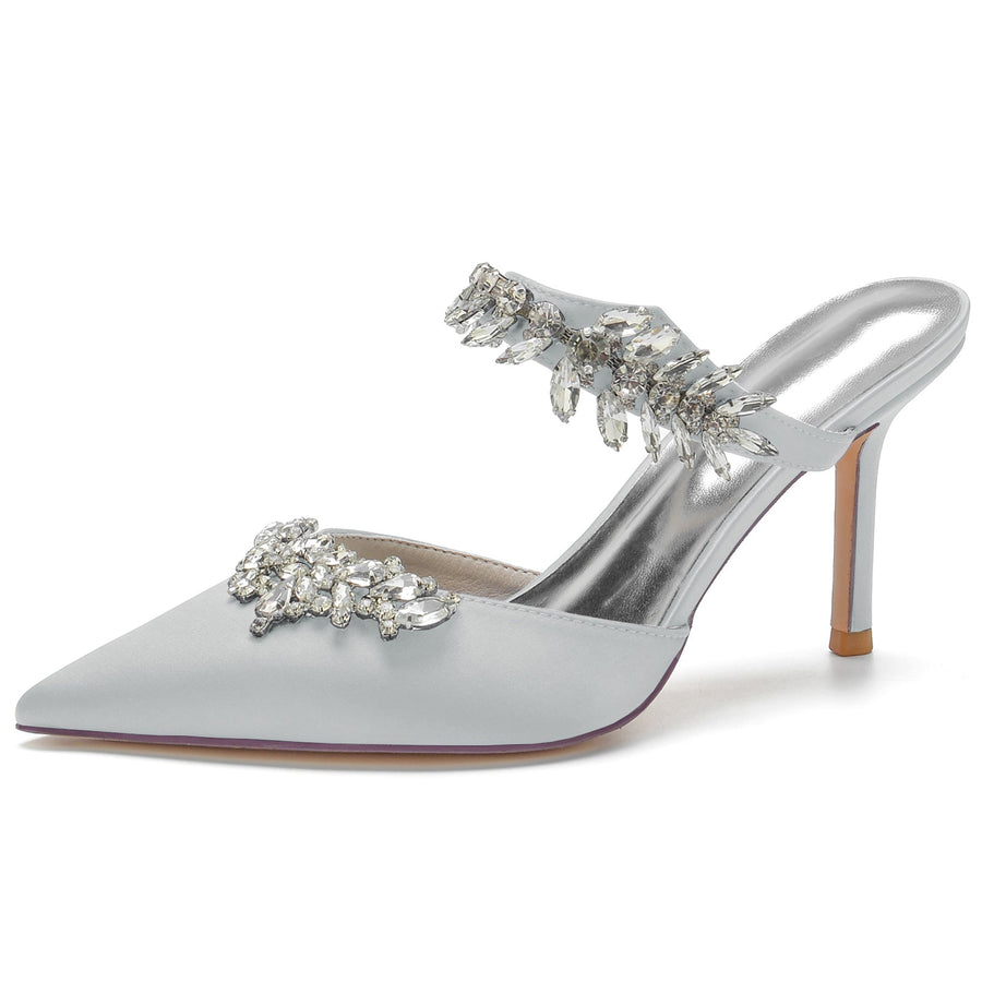 Damen Seidensatin mit Knöchelriemen Strass Quaste Geschlossene Zehen Stiletto Absatz Brautschuhe
