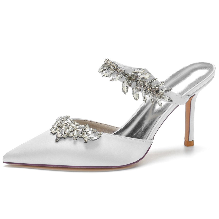 Damen Seidensatin mit Knöchelriemen Strass Quaste Geschlossene Zehen Stiletto Absatz Brautschuhe