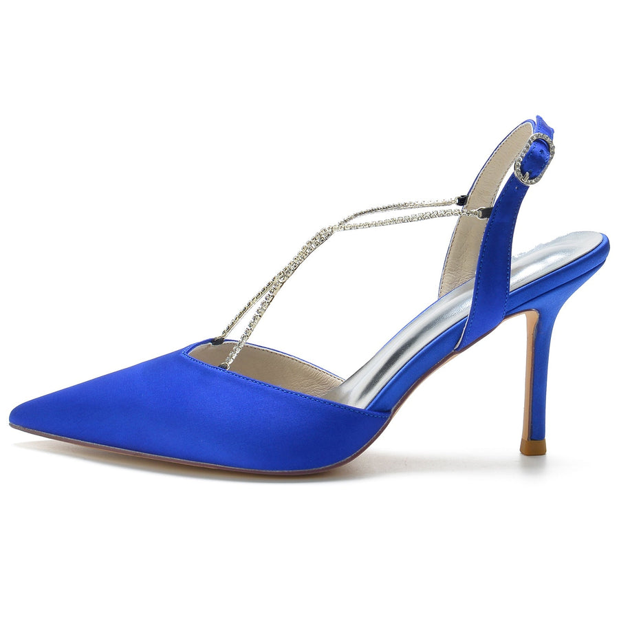 Damen Seidensatin Mit Knöchelriemen Strass Stiletto-Absatz Geschlossene Zehe Hochzeitsschuhe