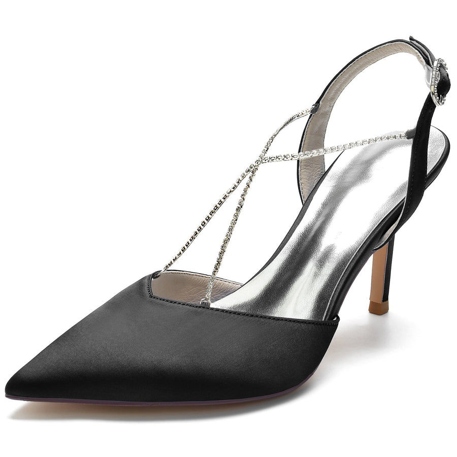 Damen Seidensatin Mit Knöchelriemen Strass Stiletto-Absatz Geschlossene Zehe Hochzeitsschuhe