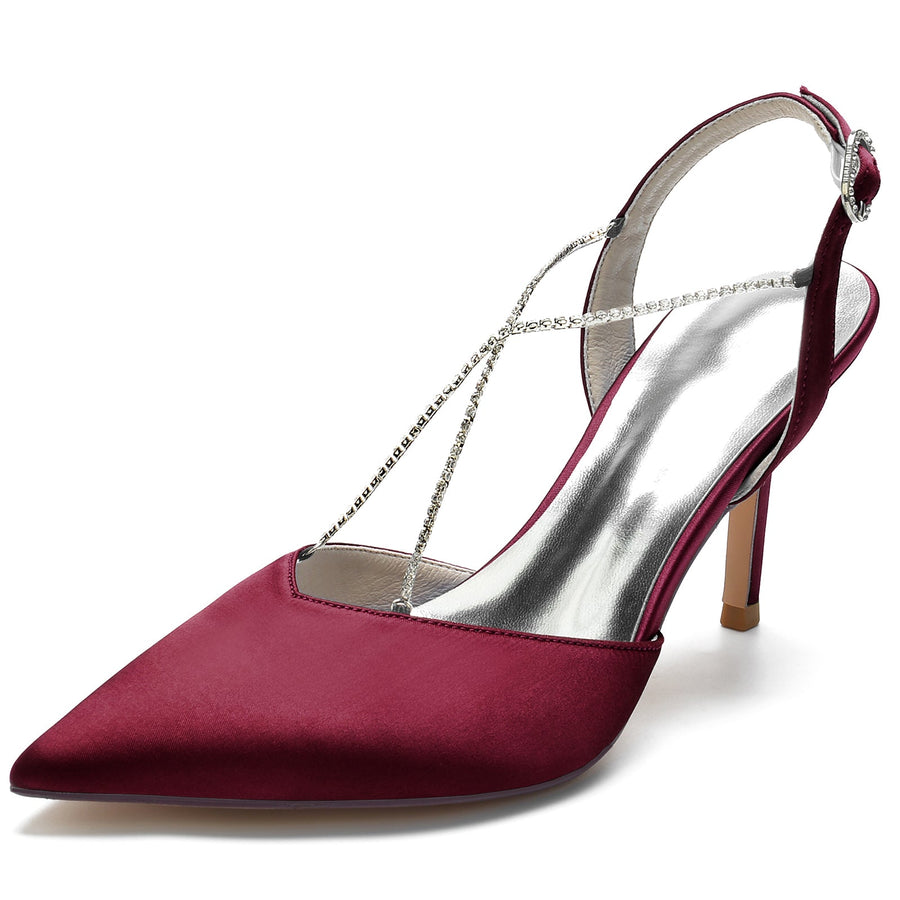 Damen Seidensatin Mit Knöchelriemen Strass Stiletto-Absatz Geschlossene Zehe Hochzeitsschuhe