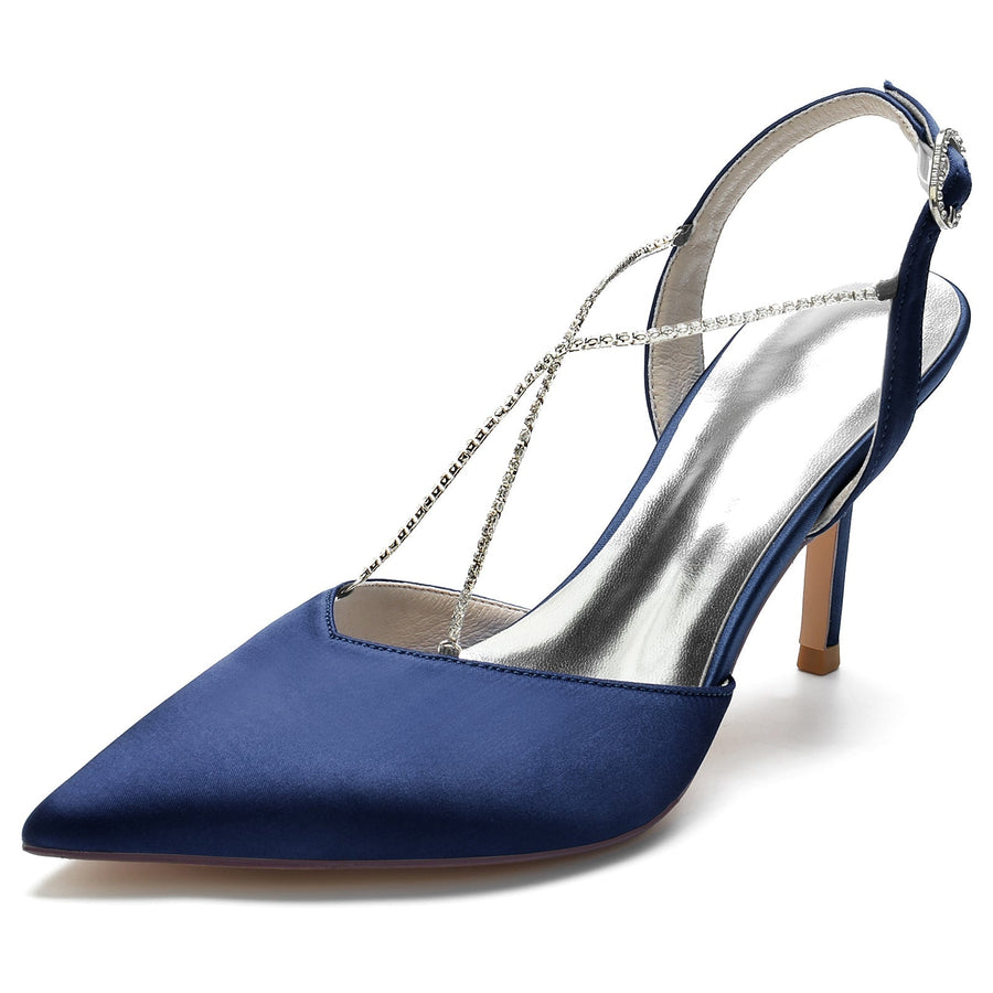 Damen Seidensatin Mit Knöchelriemen Strass Stiletto-Absatz Geschlossene Zehe Hochzeitsschuhe