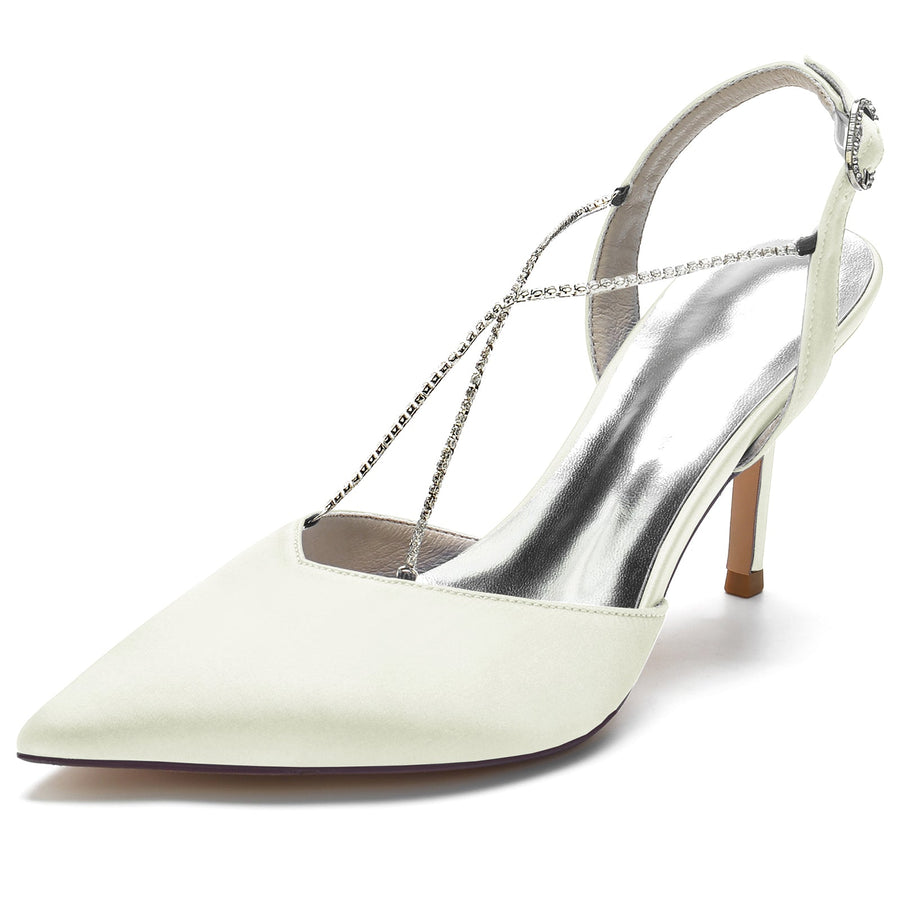 Damen Seidensatin Mit Knöchelriemen Strass Stiletto-Absatz Geschlossene Zehe Hochzeitsschuhe