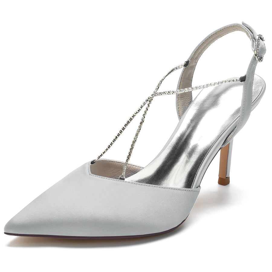 Damen Seidensatin Mit Knöchelriemen Strass Stiletto-Absatz Geschlossene Zehe Hochzeitsschuhe