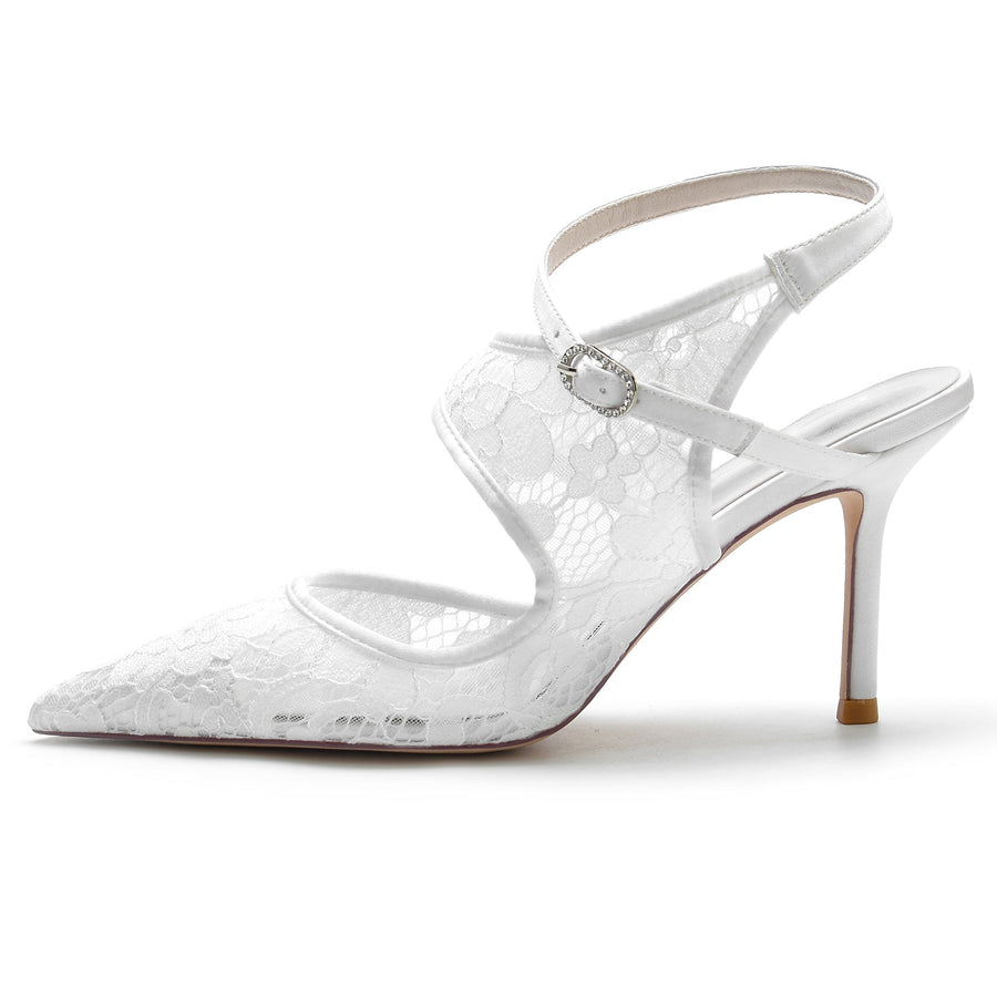 Damen Seidensatin Mit Knöchelriemen Spitze Geschlossene Zehen Stiletto Absatz Party Schuhe