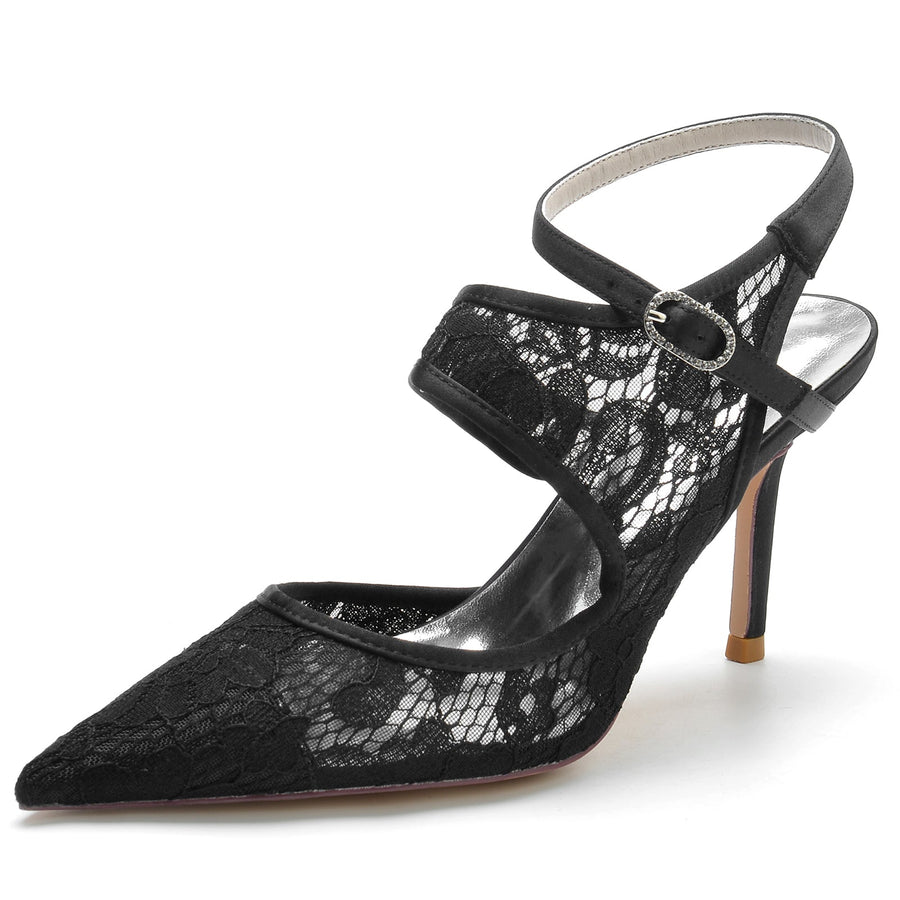 Damen Seidensatin Mit Knöchelriemen Spitze Geschlossene Zehen Stiletto Absatz Party Schuhe
