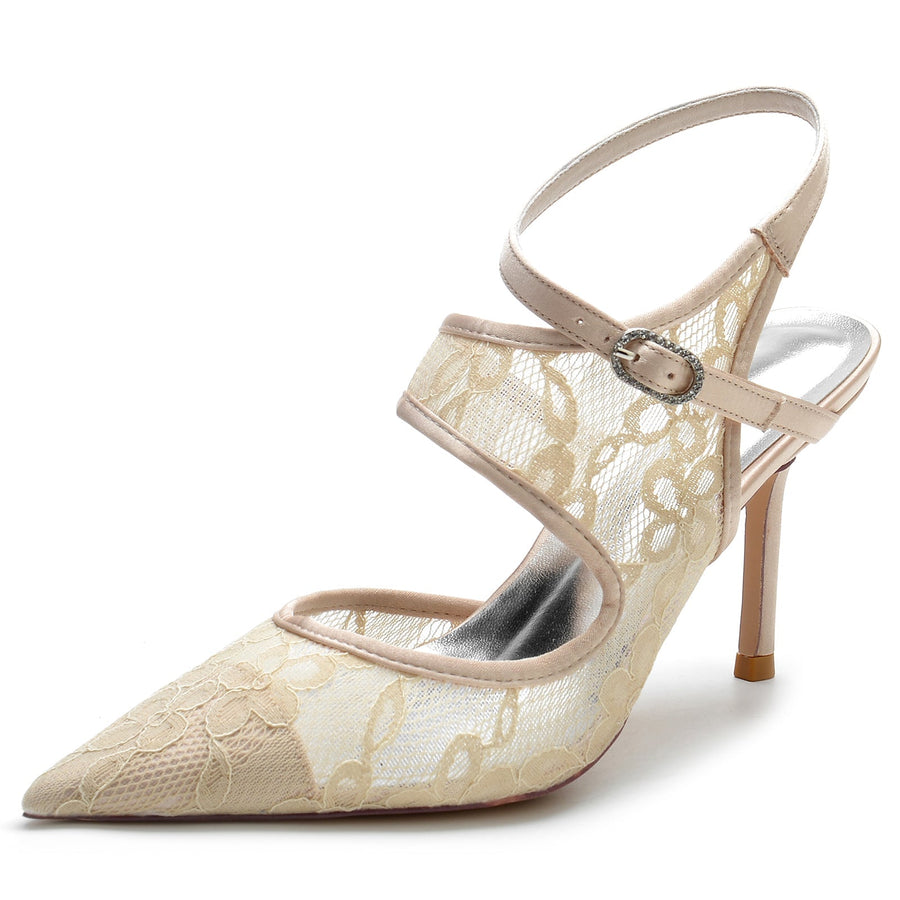 Damen Seidensatin Mit Knöchelriemen Spitze Geschlossene Zehen Stiletto Absatz Party Schuhe