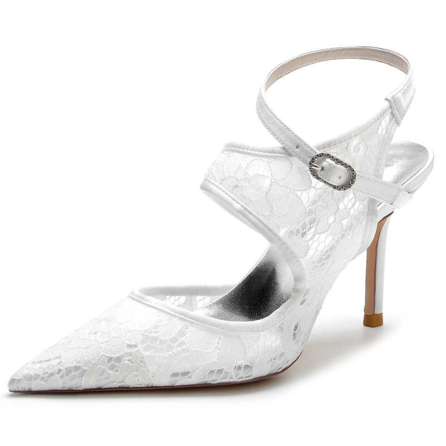 Damen Seidensatin Mit Knöchelriemen Spitze Geschlossene Zehen Stiletto Absatz Party Schuhe