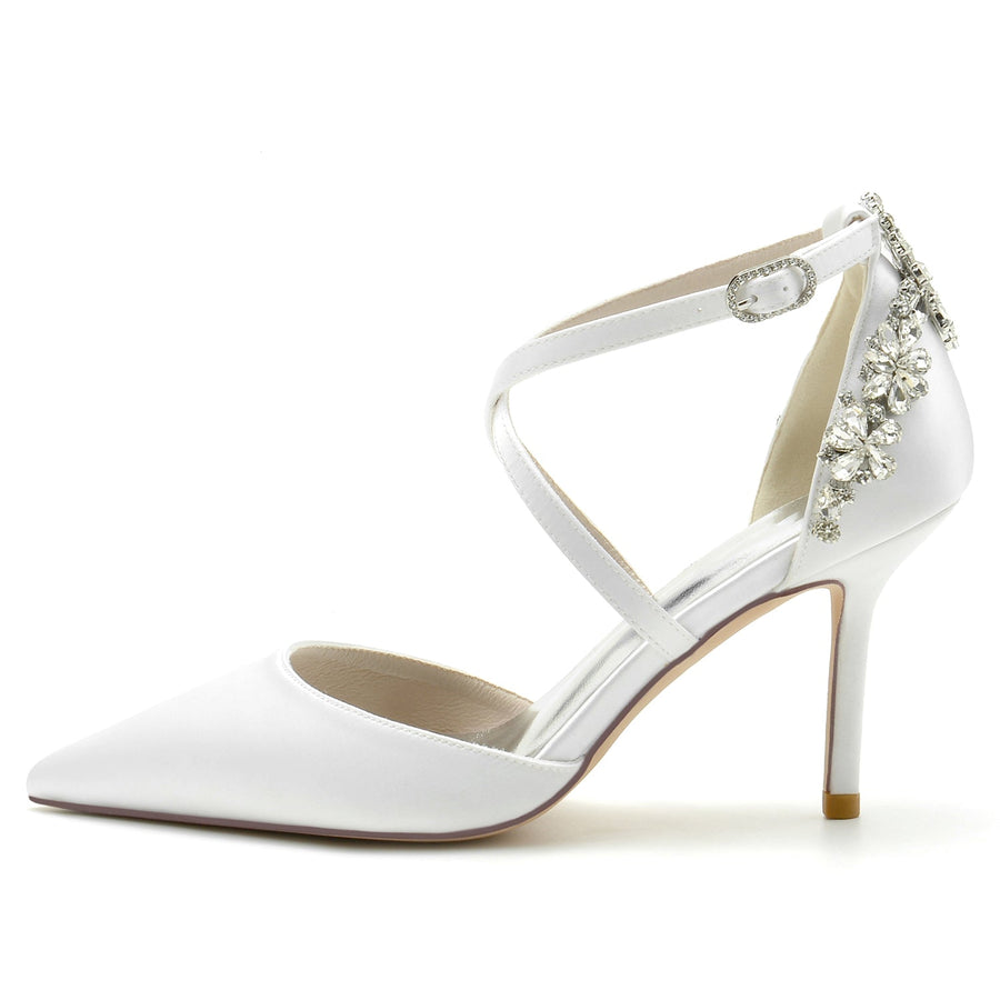 Damen Seidensatin Geschlossene Zehenpartie Knöchelriemen Stilettoabsatz Hochzeitsschuhe