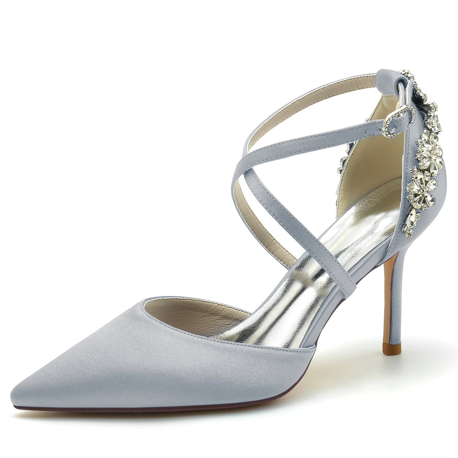 Damen Seidensatin Geschlossene Zehenpartie Knöchelriemen Stilettoabsatz Hochzeitsschuhe