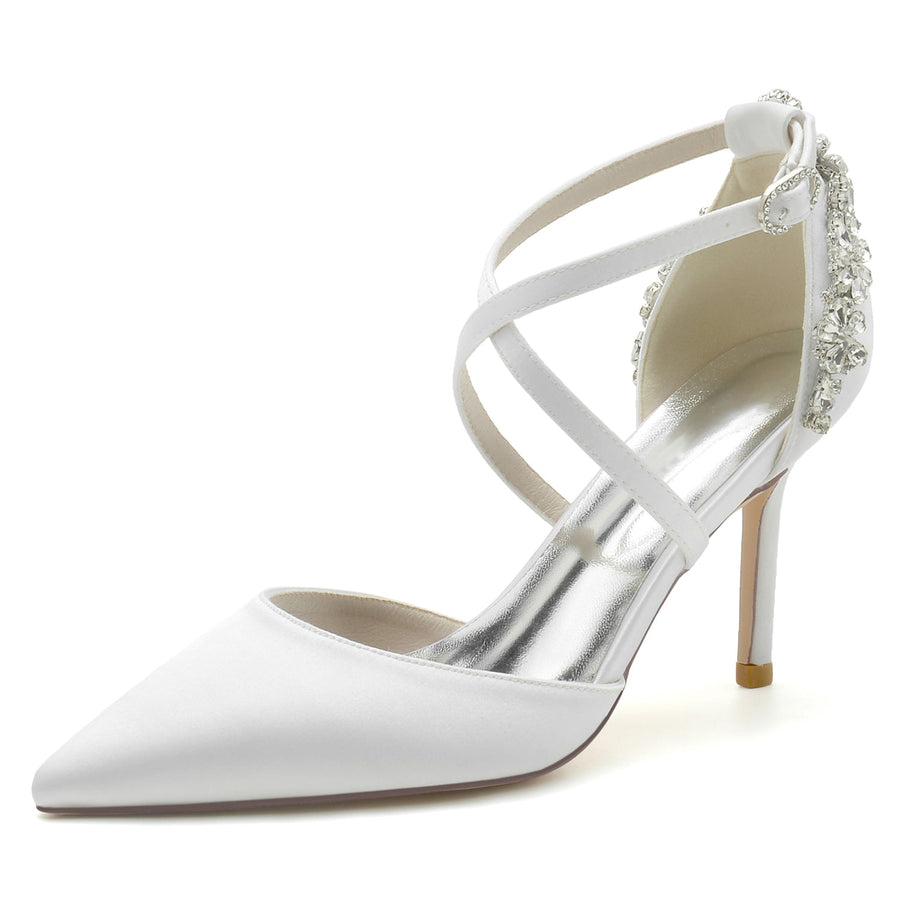 Damen Seidensatin Geschlossene Zehenpartie Knöchelriemen Stilettoabsatz Hochzeitsschuhe
