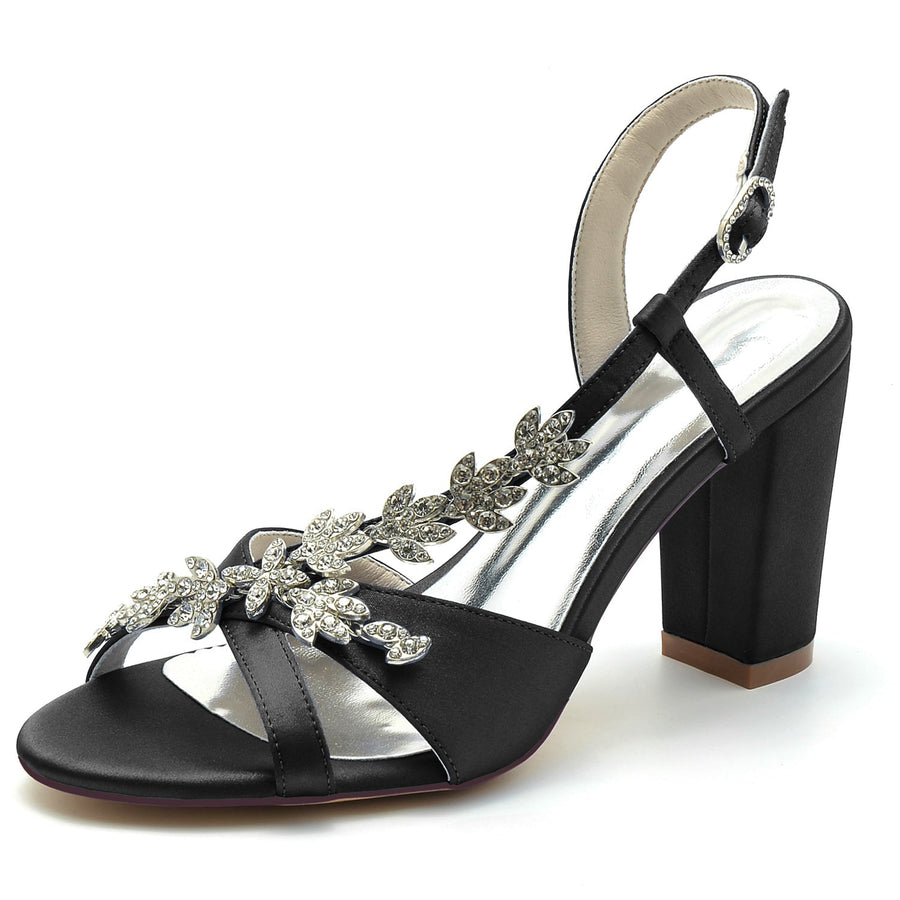 Damen Seidensatin mit Strass Peep Toe Blockabsatz Abendschuhe