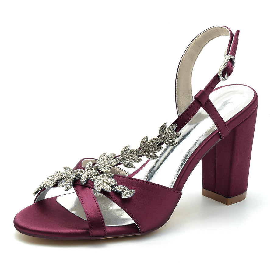 Damen Seidensatin mit Strass Peep Toe Blockabsatz Abendschuhe