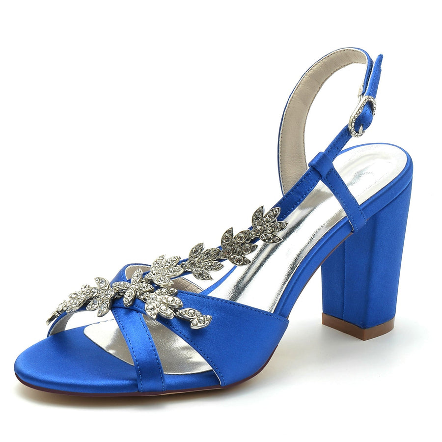 Damen Seidensatin mit Strass Peep Toe Blockabsatz Abendschuhe