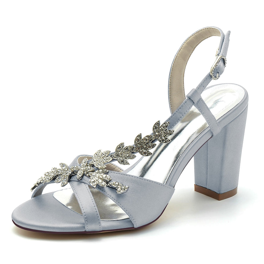 Damen Seidensatin mit Strass Peep Toe Blockabsatz Abendschuhe