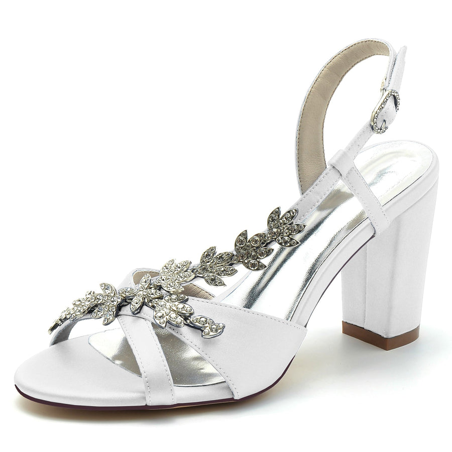 Damen Seidensatin mit Strass Peep Toe Blockabsatz Abendschuhe
