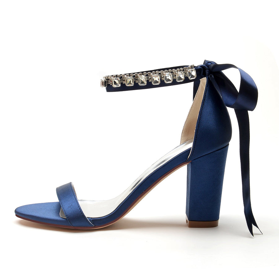 Damen Seidensatin Mit Knöchelriemen Schnürung Strass Peep Toe Blockabsatz Abendschuhe