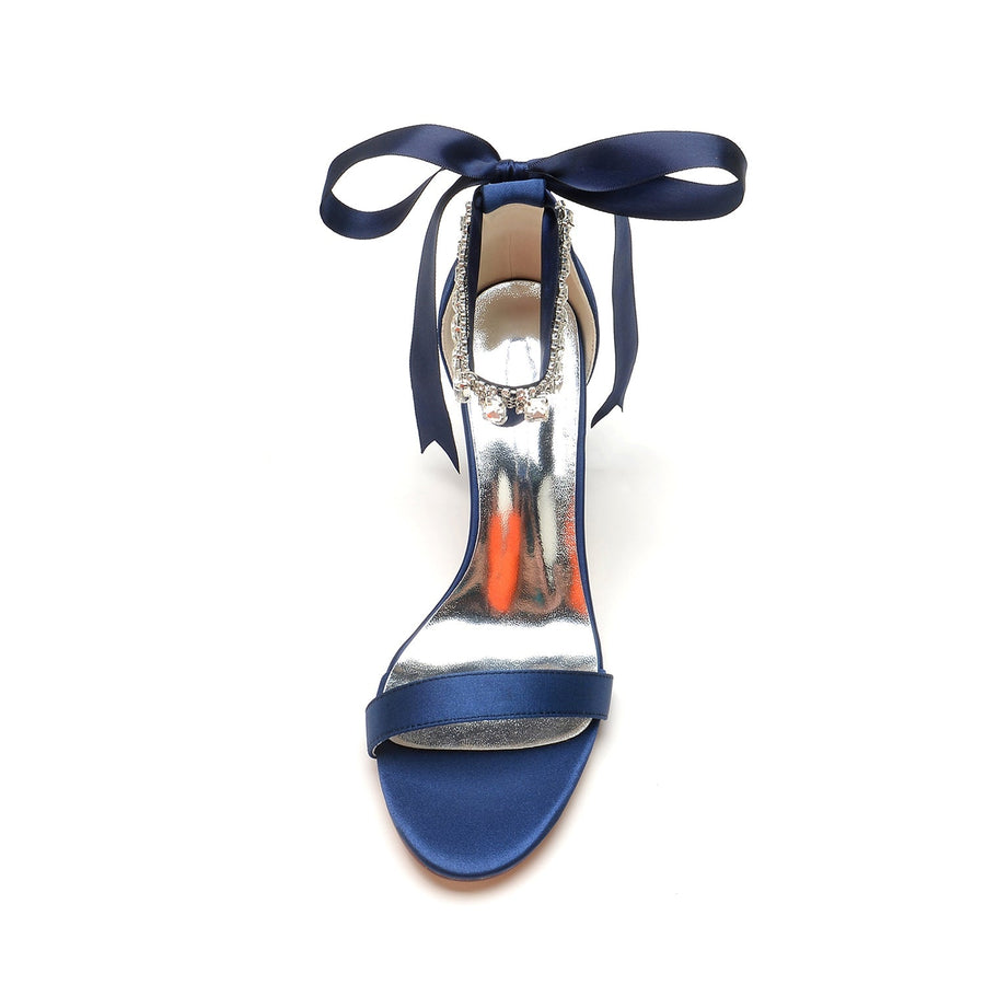 Damen Seidensatin Mit Knöchelriemen Schnürung Strass Peep Toe Blockabsatz Abendschuhe