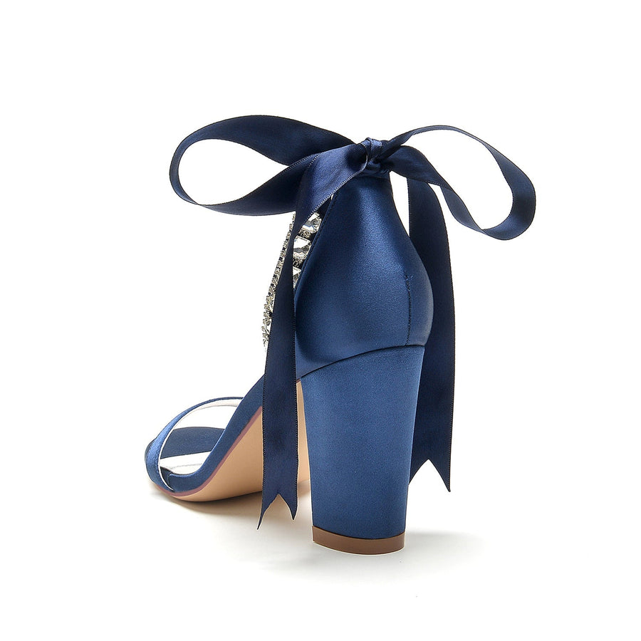 Damen Seidensatin Mit Knöchelriemen Schnürung Strass Peep Toe Blockabsatz Abendschuhe