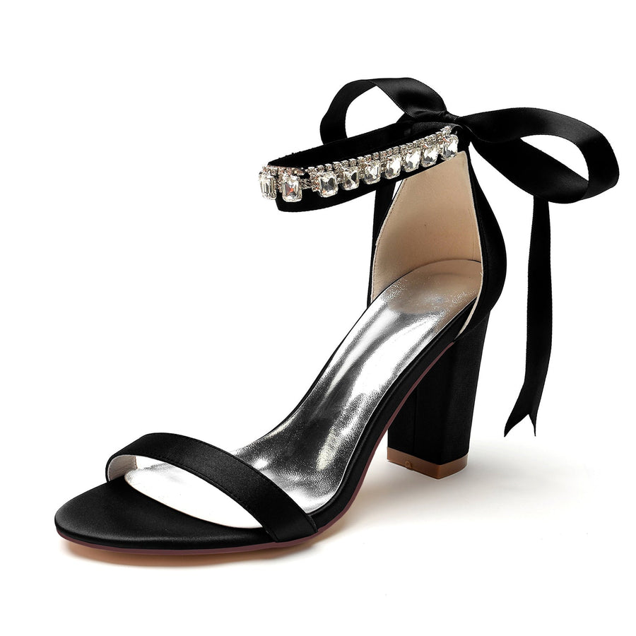 Damen Seidensatin Mit Knöchelriemen Schnürung Strass Peep Toe Blockabsatz Abendschuhe
