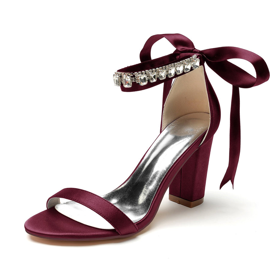 Damen Seidensatin Mit Knöchelriemen Schnürung Strass Peep Toe Blockabsatz Abendschuhe