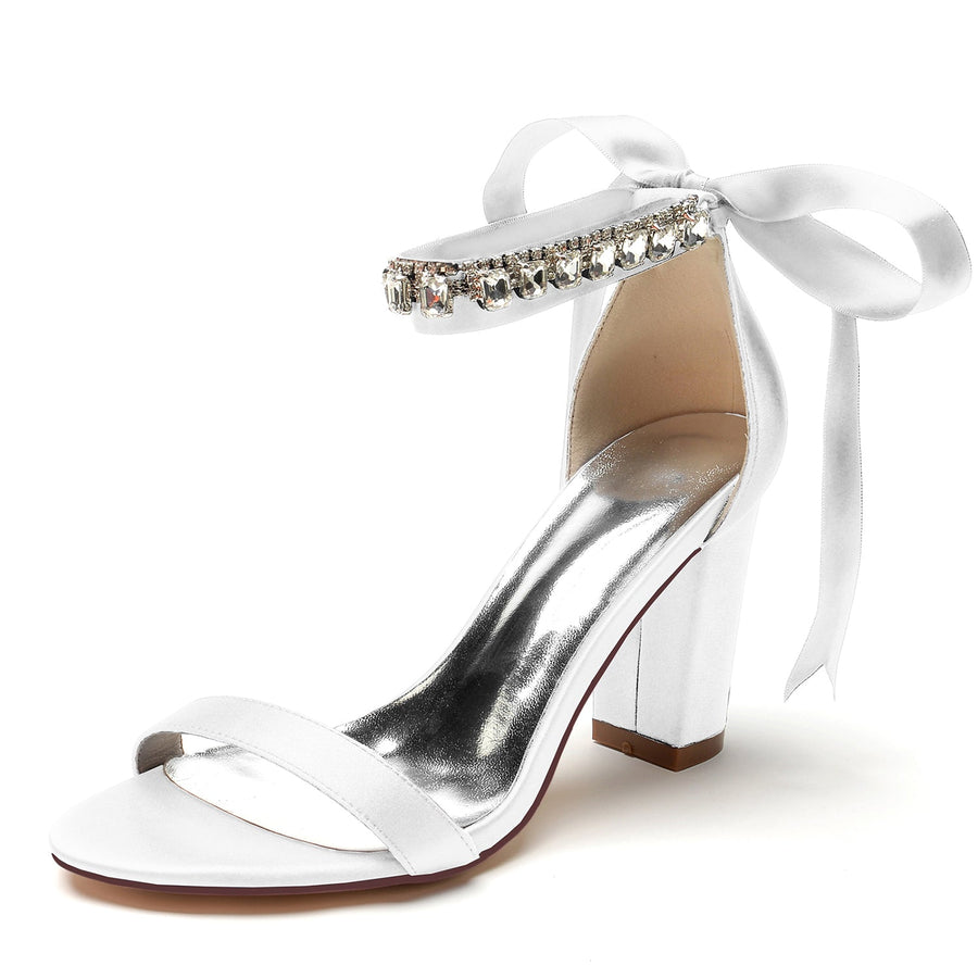 Damen Seidensatin Mit Knöchelriemen Schnürung Strass Peep Toe Blockabsatz Abendschuhe