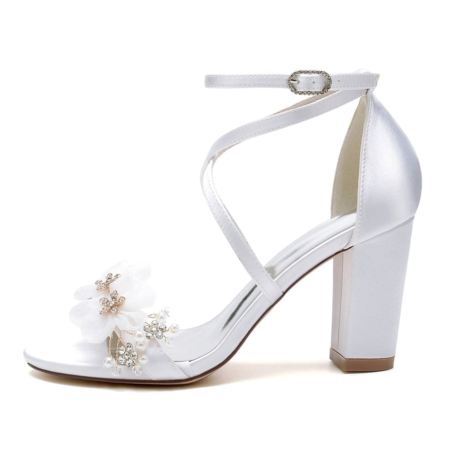Damen Seidensatin mit Knöchelriemen Blume Peep Toe Blockabsatz Partyschuhe