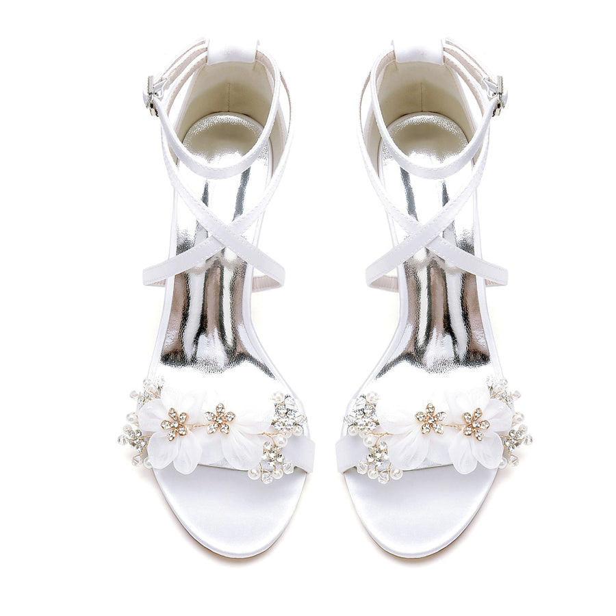 Damen Seidensatin mit Knöchelriemen Blume Peep Toe Blockabsatz Partyschuhe