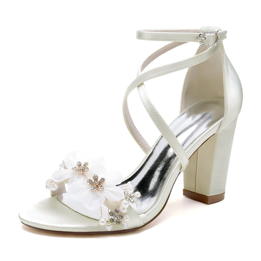 Damen Seidensatin mit Knöchelriemen Blume Peep Toe Blockabsatz Partyschuhe