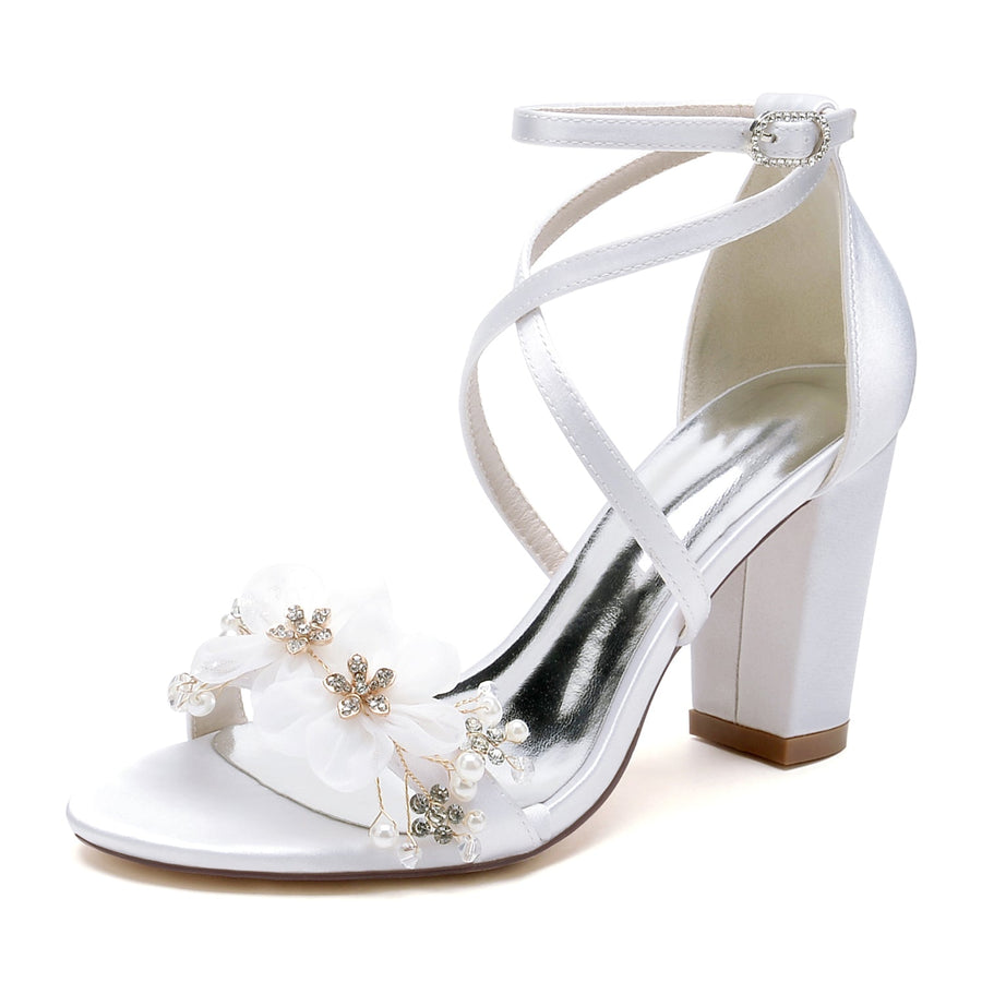 Damen Seidensatin mit Knöchelriemen Blume Peep Toe Blockabsatz Partyschuhe
