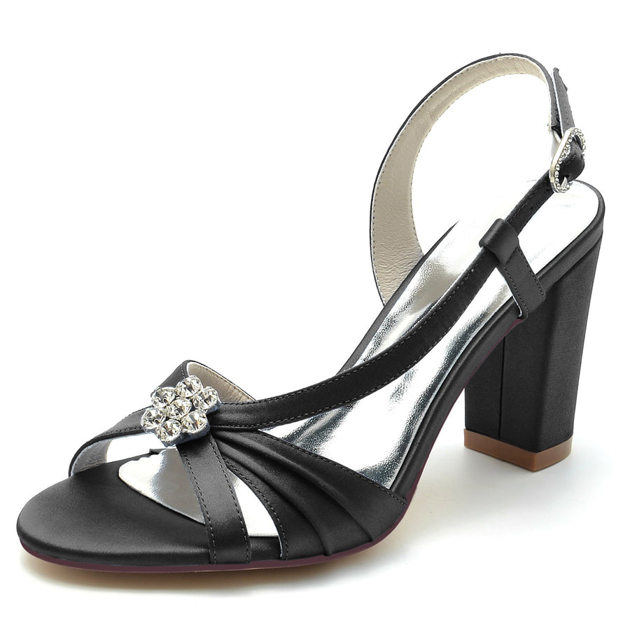 Damen Seidensatin mit Blumen Strass Peep Toe Blockabsatz Hochzeitsschuhe