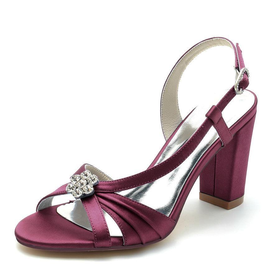 Damen Seidensatin mit Blumen Strass Peep Toe Blockabsatz Hochzeitsschuhe