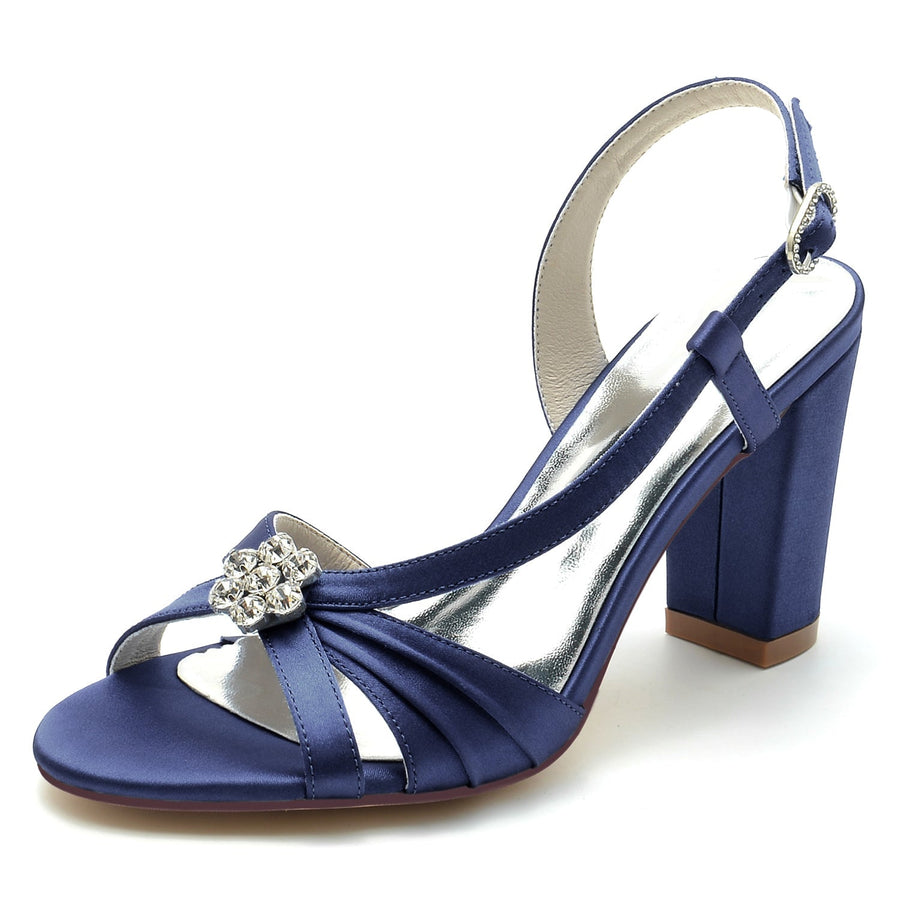 Damen Seidensatin mit Blumen Strass Peep Toe Blockabsatz Hochzeitsschuhe