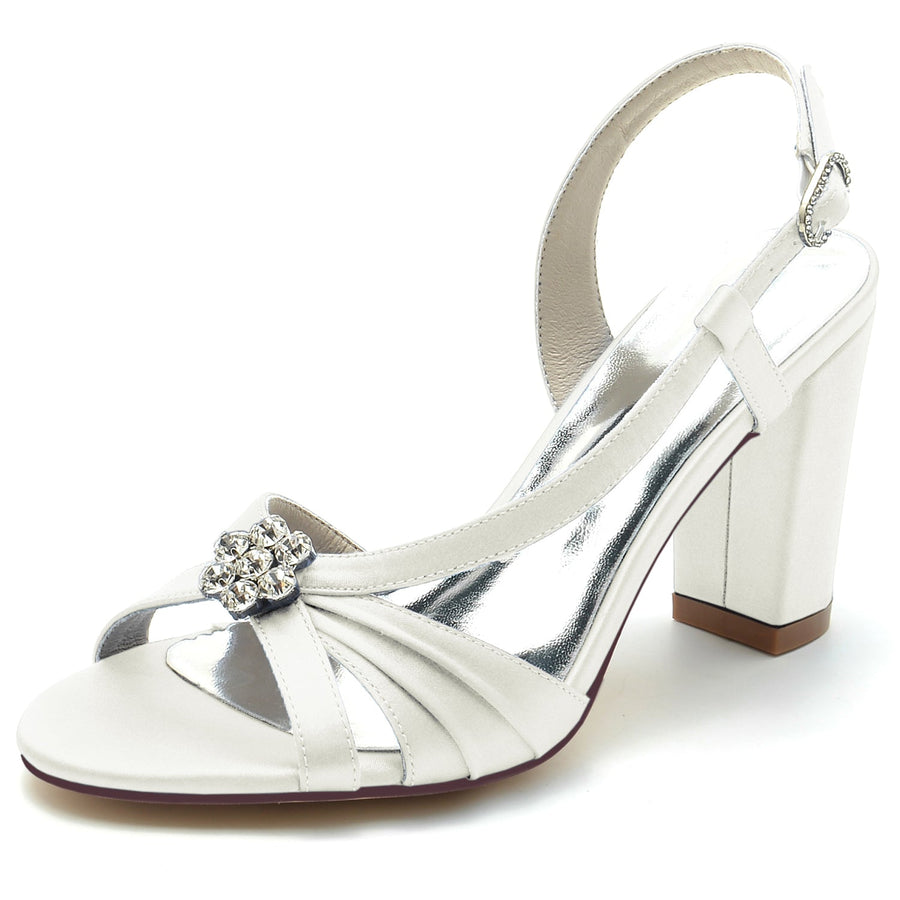 Damen Seidensatin mit Blumen Strass Peep Toe Blockabsatz Hochzeitsschuhe