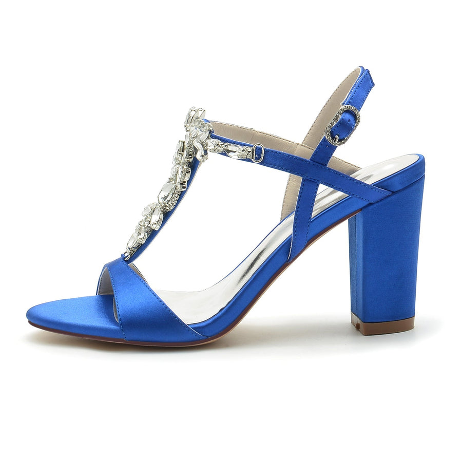 Damen Seidensatin mit Knöchelriemen Peep Toe Strass Blockabsatz Hochzeitsschuhe