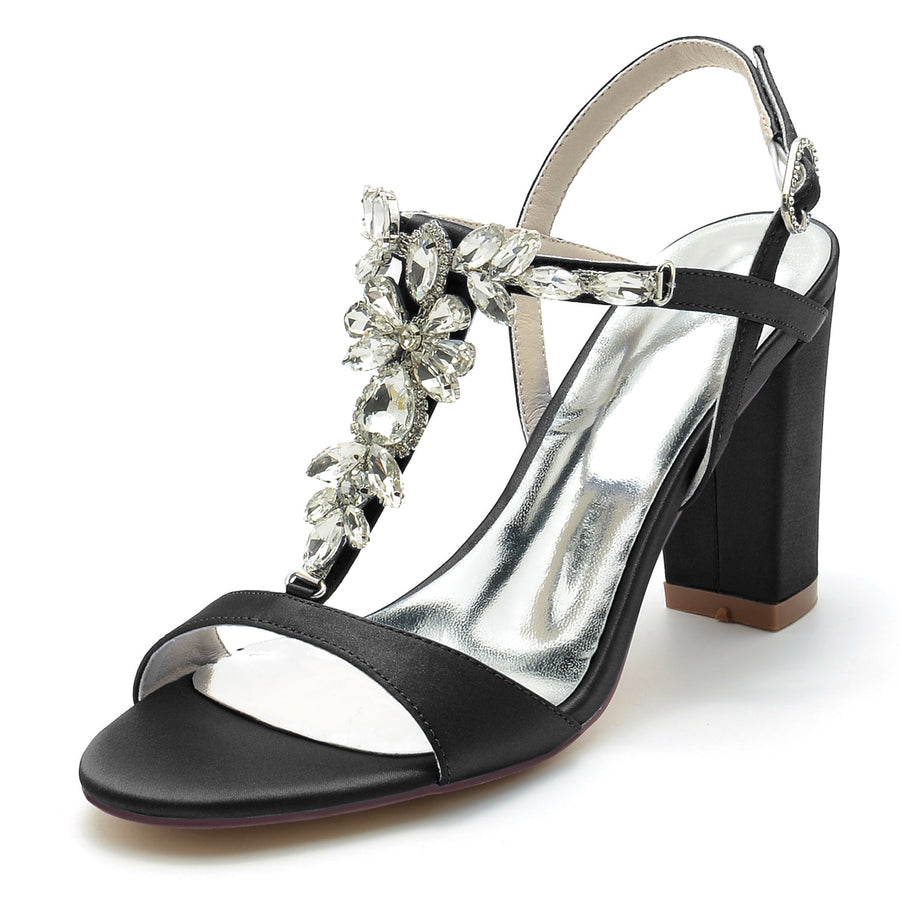 Damen Seidensatin mit Knöchelriemen Peep Toe Strass Blockabsatz Hochzeitsschuhe